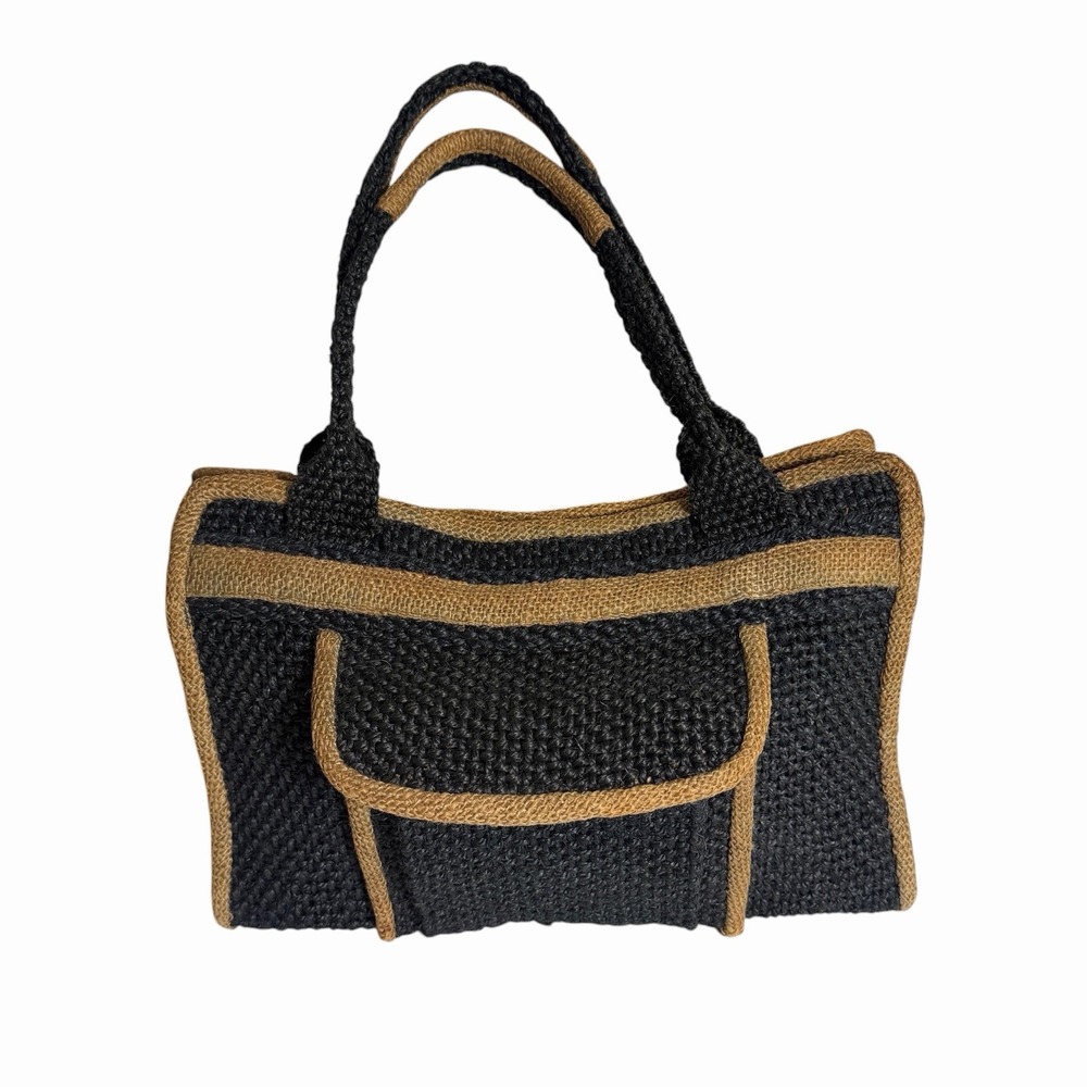 Vintage 1970s Tropical Weavers Barbados Woven Handbag Black Tan Boho Purse